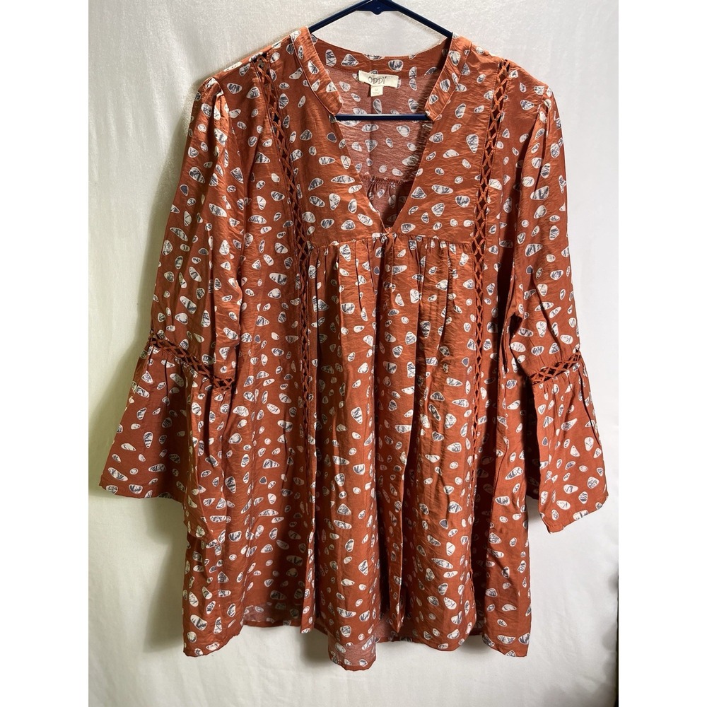 Oddi Women's Med Rust Orange Abstract Print Babydoll Tunic Top Bell Sleeve